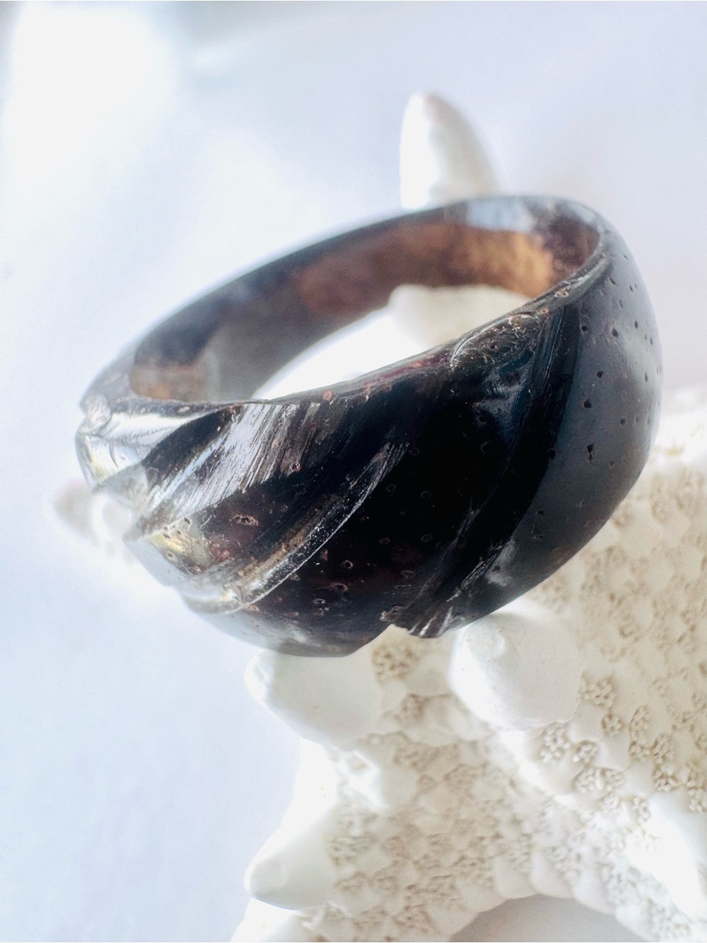 Dark Brown Carved Coconut Wood Ring - Unisex Jewelry